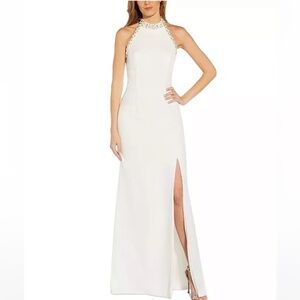 Adrianna Papell White Halter Gown with Pearl Embellished Neckline Size 2